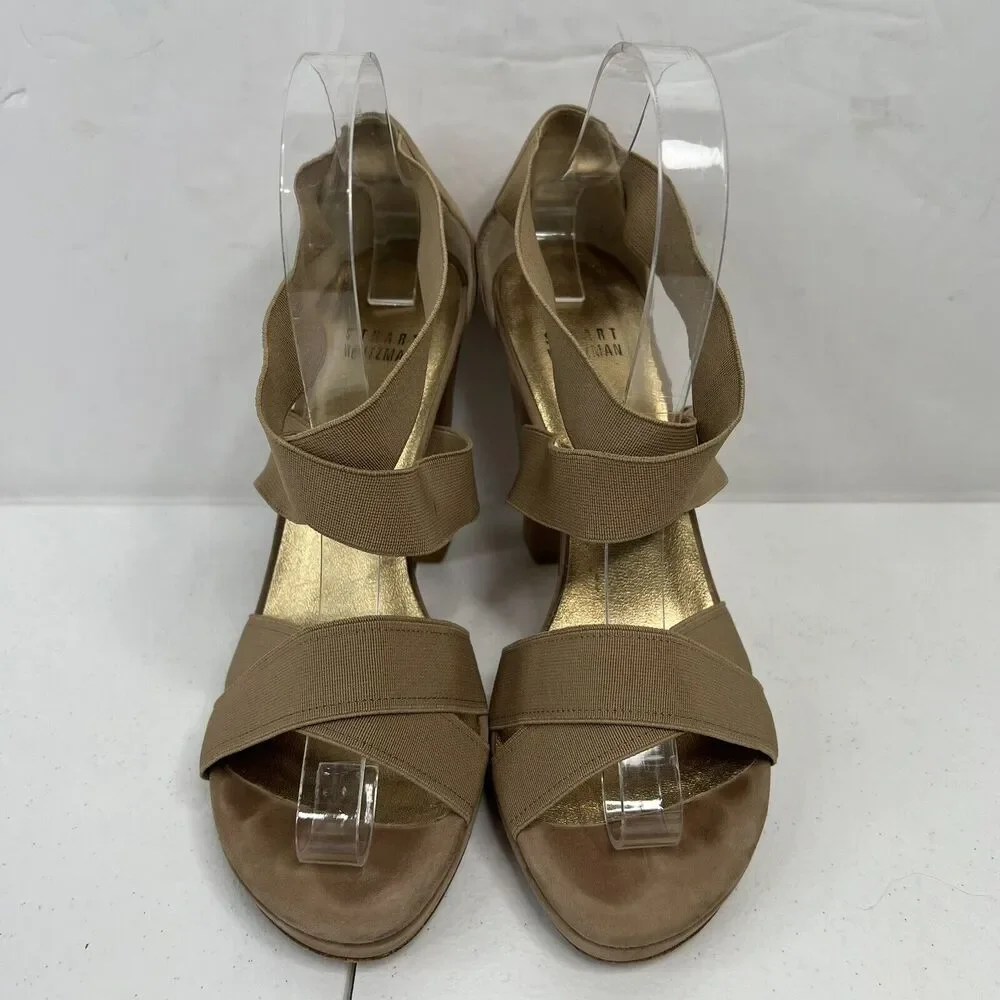Stuart Weitzman Size 38 US 7.5 Heels‎ Elastic Strap Wrap Tan Suede High Chunky